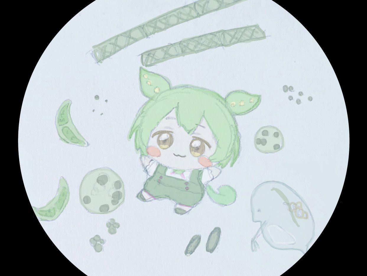 1girl, :3, amoeba, animal_request, arms_up, bacteria, black_border, blush_stickers, border, chibi, commentary_request, full_body, green_hair, green_shorts, grey_background, long_hair, looking_at_viewer, low_ponytail, microscope, mini_person, minigirl, round_image, shirt, shorts, simple_background, solo, suspender_shorts, suspenders, tox_(toxdetox), voicevox, white_shirt, yellow_eyes, zundamon
