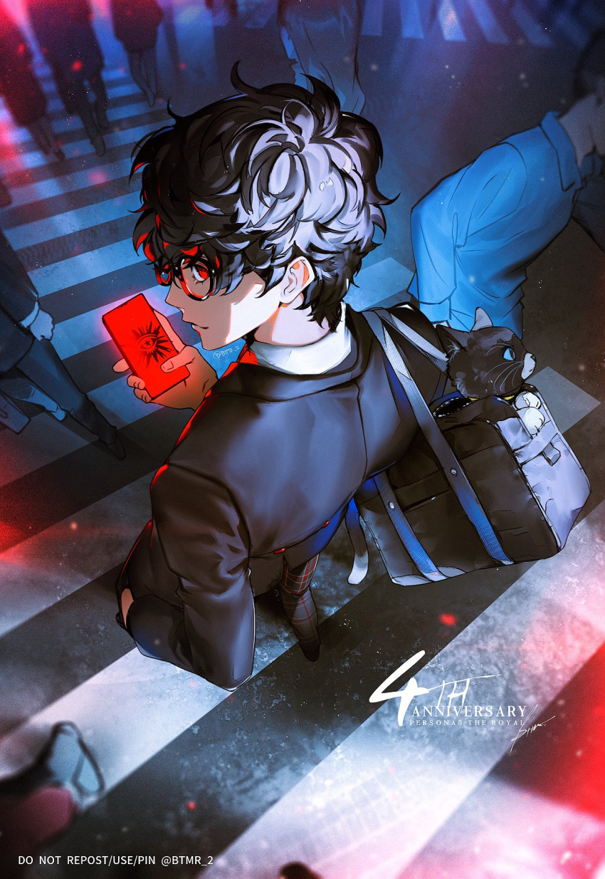 1boy, amamiya_ren, anniversary, bag, black_cat, black_hair, black_jacket, btmr_game