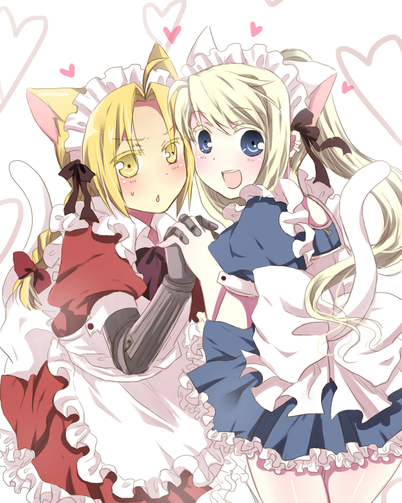 1girl, alternate_costume, animal_ears, apron, bad_id, blonde_hair, blush, cat_ears