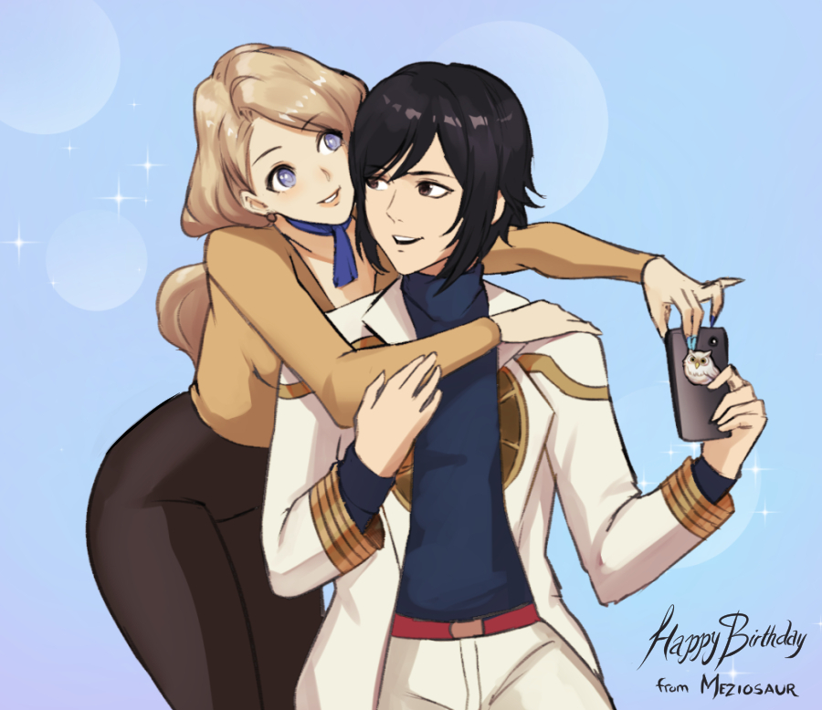 1boy, 1girl, alternate_costume, bird, black_hair, blonde_hair, blue_eyes, blue_nails