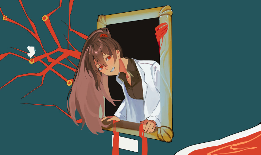 1000-nen_ikiteru_(vocaloid), 1girl, blood, bloodbath_(project_moon), brown_hair, brown_shirt, carmen_(project_moon), coat