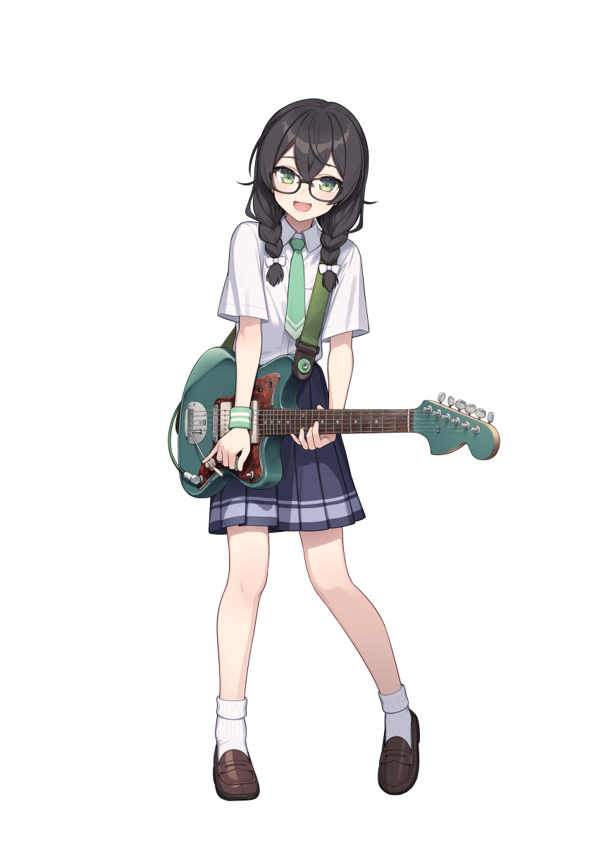 1girl, absurdres, black_hair, blue_skirt, bow, braid, breast_pocket, brown_footwear