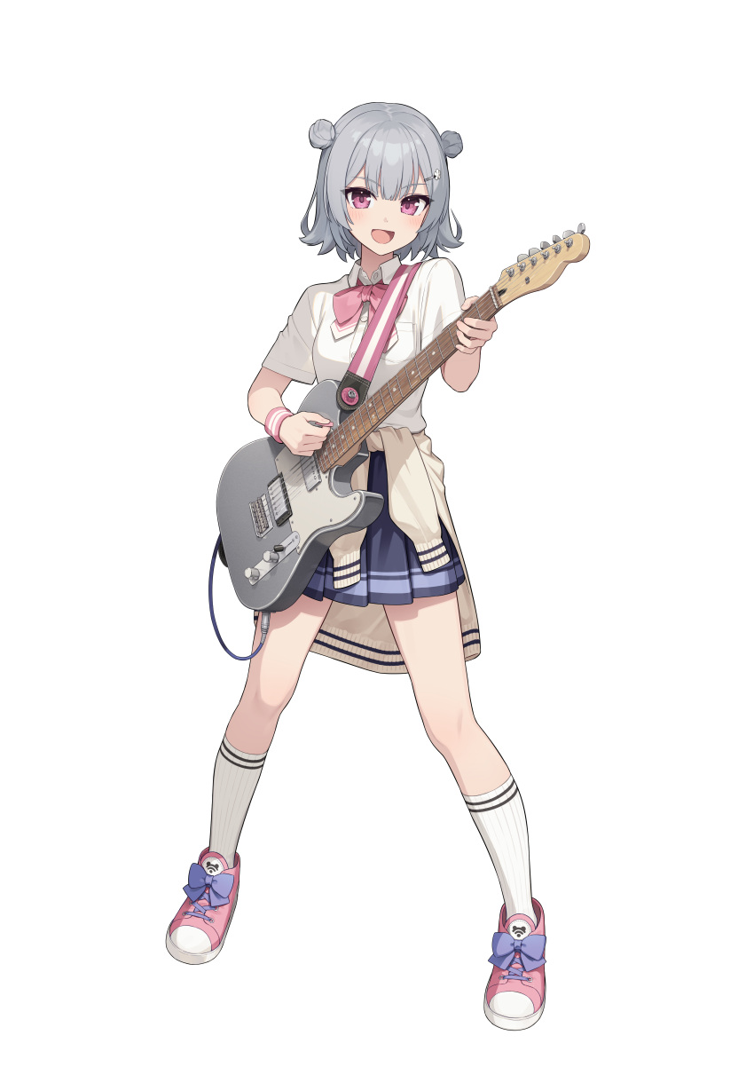 1girl, absurdres, blue_skirt, bow, bowtie, breast_pocket, breasts, cevio, clothes_around_waist, collared_shirt, double_bun, electric_guitar, full_body, grey_hair, guitar, hair_bun, hair_ornament, hairclip, highres, holding, holding_instrument, holding_plectrum, instrument, kaito_(k4itoh), kneehighs, koharu_rikka, legs_apart, light_blush, looking_at_viewer, open_mouth, pink_bow, pink_bowtie, pink_eyes, pink_footwear, pleated_skirt, plectrum, pocket, second-party_source, shirt, shirt_tucked_in, shoes, short_hair, short_sleeves, skirt, small_breasts, smile, sneakers, socks, solo, standing, sweatband, synthesizer_v, transparent_background, white_shirt, white_socks
