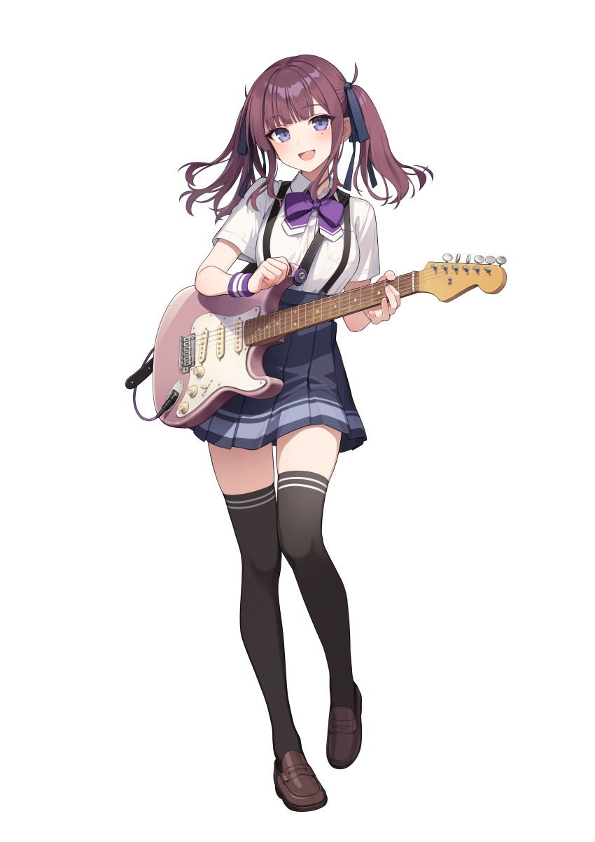 1girl, absurdres, black_thighhighs, blue_skirt, blush, bow, bowtie, breast_pocket