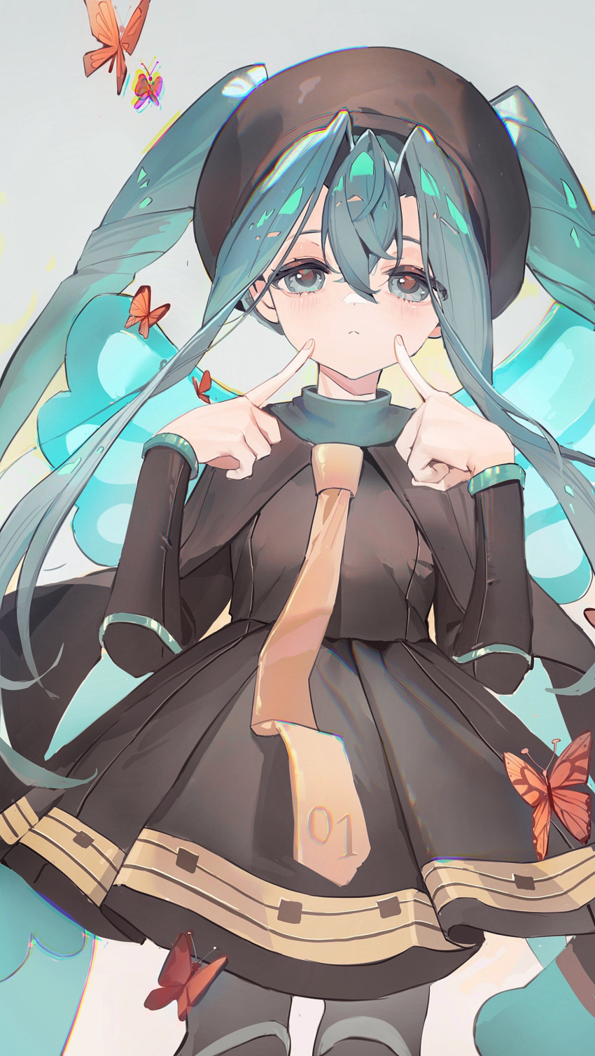1girl, absurdres, blue_eyes, blue_hair, brown_headwear, bug, bug_miku_(project_voltage), butterfly