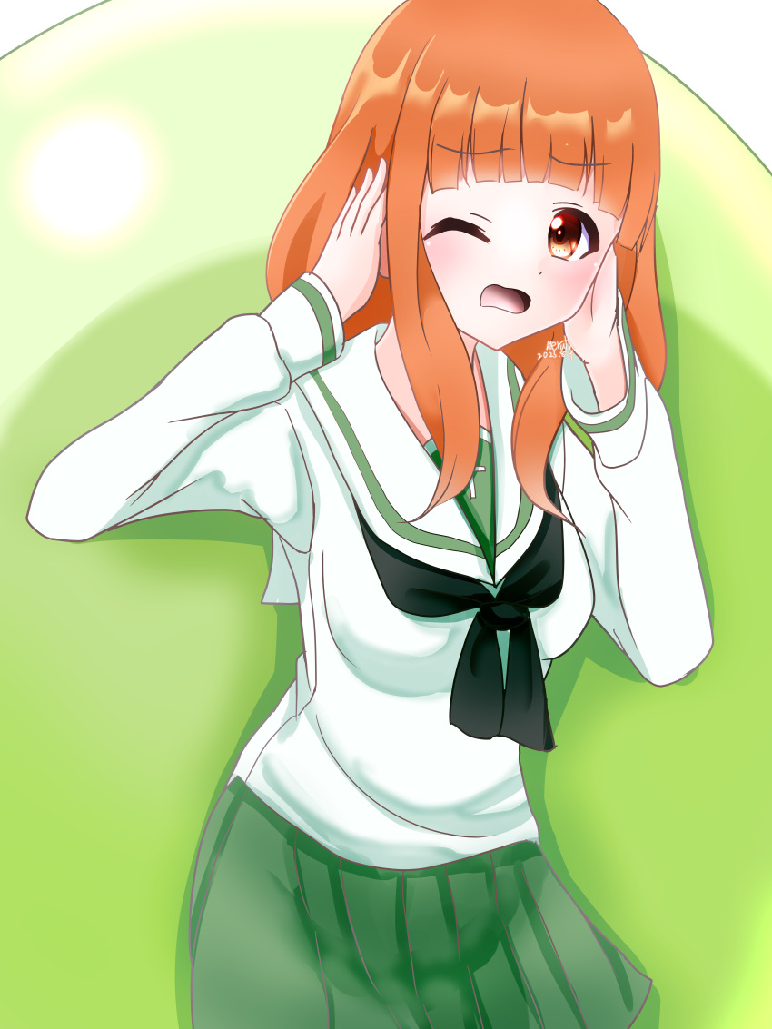 1girl, absurdres, artist_name, balloon, black_neckerchief, blouse, blunt_bangs, commentary