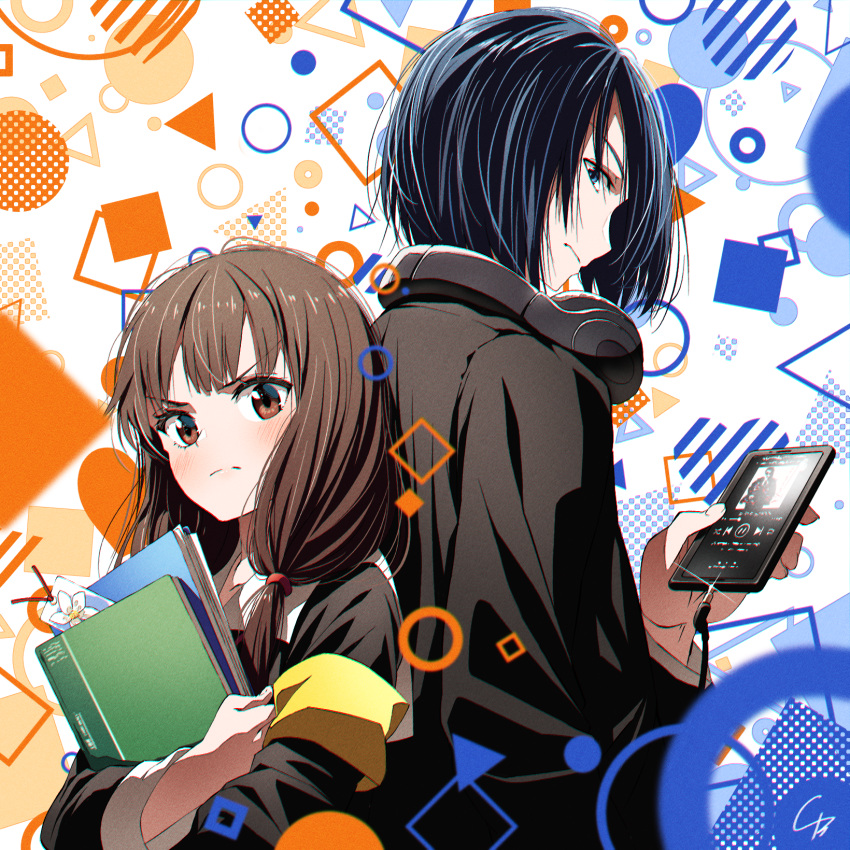 1boy, 1girl, 4b-enpitsu, annoyed, back-to-back, black_hair, black_jacket, blue_eyes