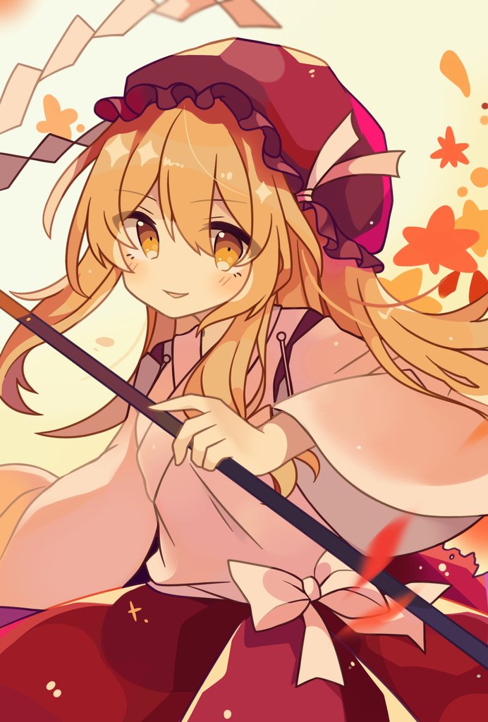 1girl, autumn_leaves, blonde_hair, chuqi1030, commentary_request, gohei, hat, holding
