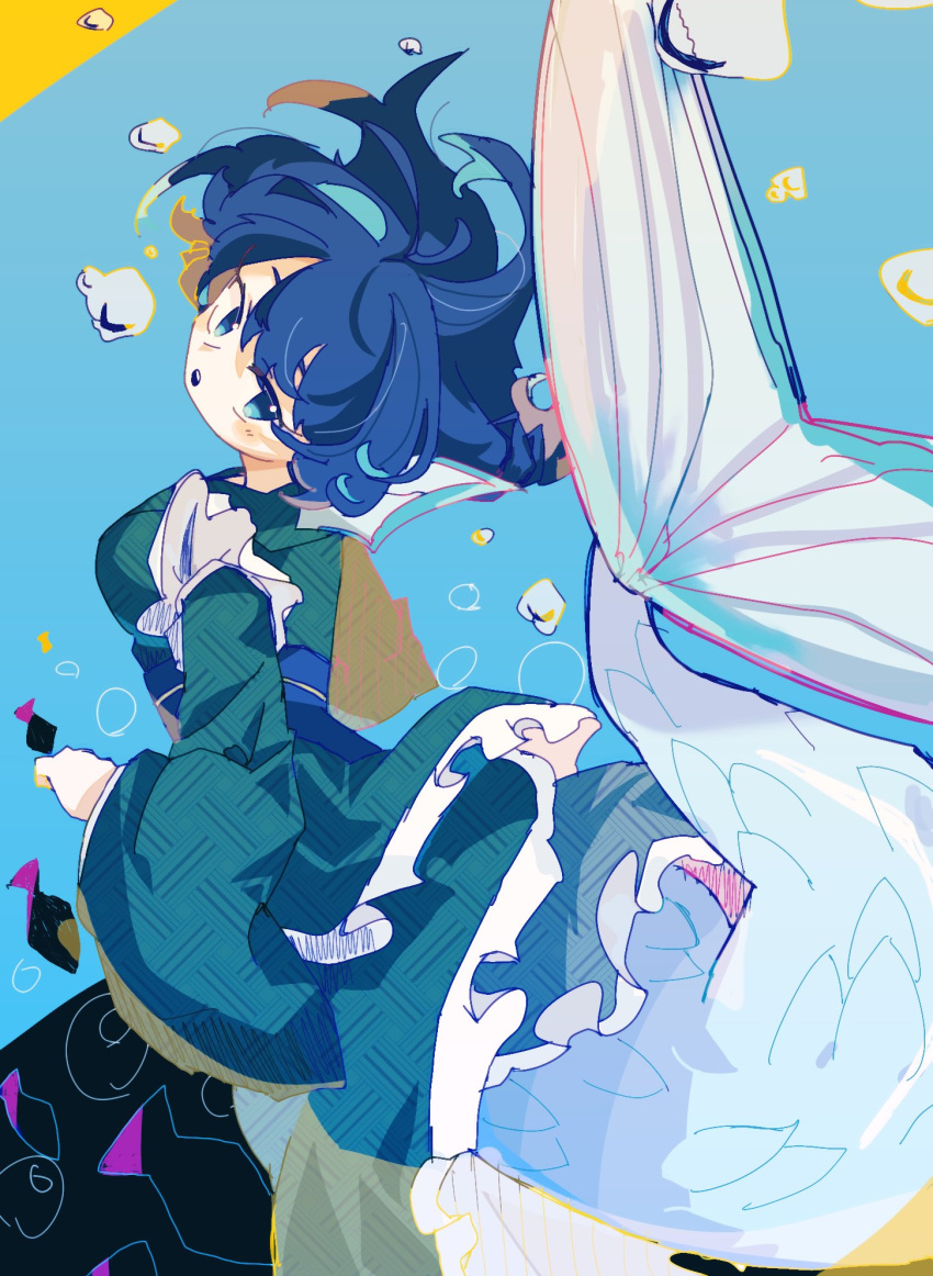 1girl, air_bubble, aqua_eyes, blue_hair, blue_sash, bubble, drill_hair, drill_sidelocks