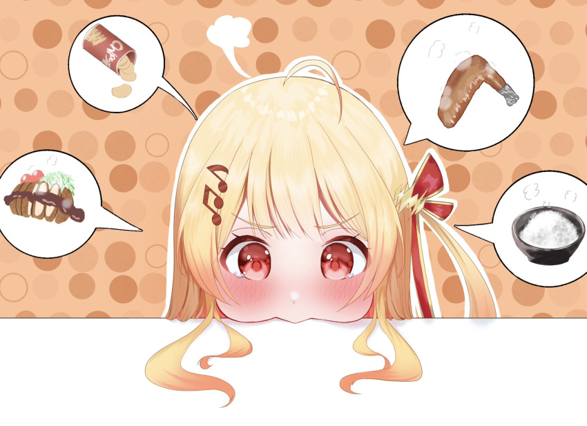 1girl, ahoge, blonde_hair, blush, bowl, chicken_wing, chips_(food), double-parted_bangs