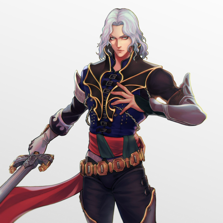 1boy, absurdres, arm_guards, bishounen, black_pants, blue_eyes, blue_shirt, bracer