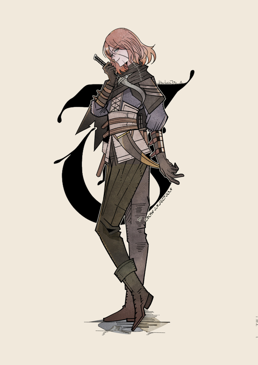 1girl, artist_name, belt, boots, brown_footwear, commission, dagger, denny626