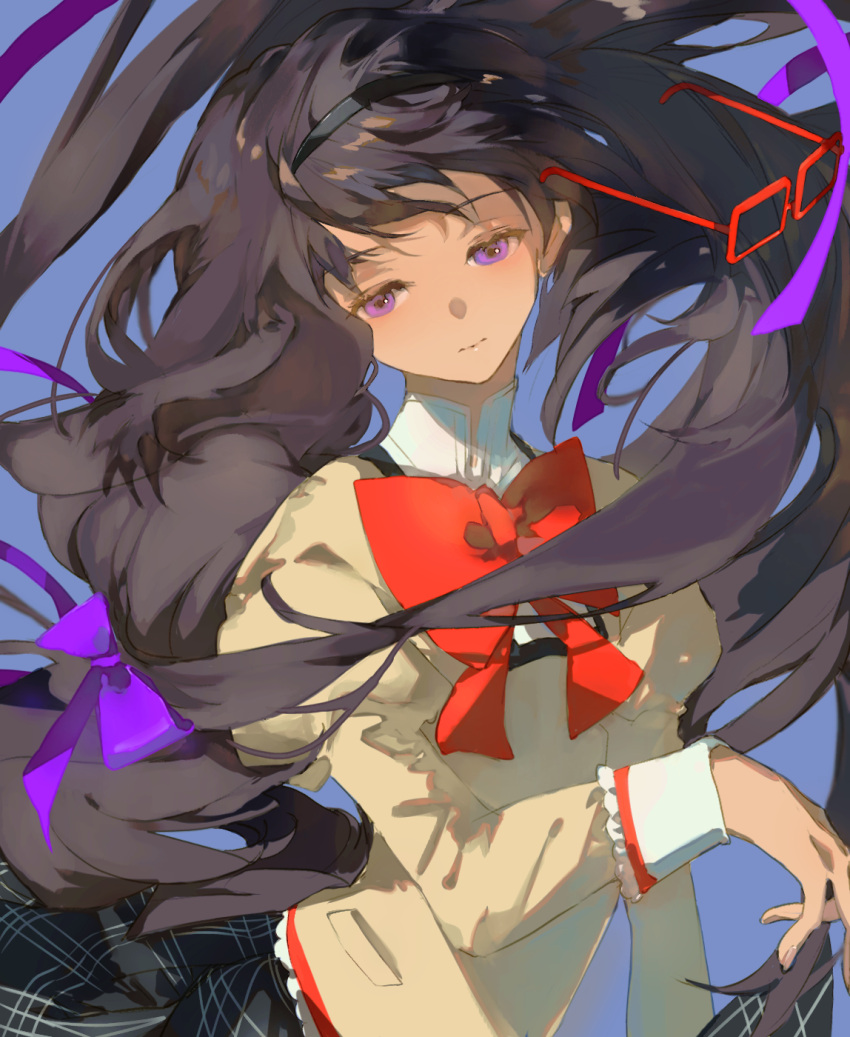 1girl, akemi_homura, black_hair, black_hairband, black_skirt, bow, bowtie, glasses, hairband, highres, long_hair, mahou_shoujo_madoka_magica, purple_ribbon, red-framed_eyewear, red_bow, red_bowtie, ribbon, shru_(ss_sl99), skirt, violet_eyes