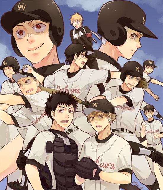 abe_takaya, ball, baseball, baseball_mitt, baseball_uniform, everyone, hamada_yoshirou, hanai_azusa, helmet, izumi_kousuke, kousuke_izumi, male, mihashi_ren, multiple_boys, oki_kazutoshi, ookiku_furikabutte, satsukiai, sportswear