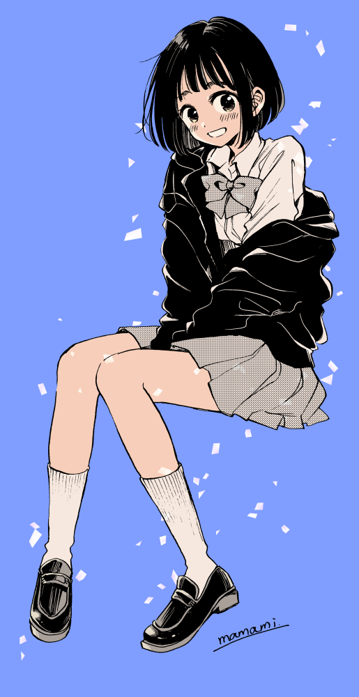 1girl, artist_name, black_footwear, black_hair, black_jacket, blue_background, blush, bob_cut