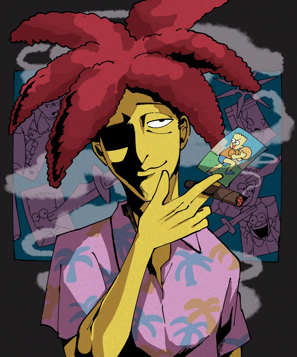 1boy, bart_simpson, black_eyes, cigar, closed_mouth, colored_skin, commentary_request, grey_background, hawaiian_shirt, highres, holding, holding_cigar, knife, male_focus, photo_(object), pink_shirt, redhead, satou_(ultrmngrtsrt), shaded_face, shirt, short_hair, short_sleeves, shuriken, sideshow_bob, smile, smoking, solo, spiky_hair, the_simpsons, upper_body, weapon, yellow_skin