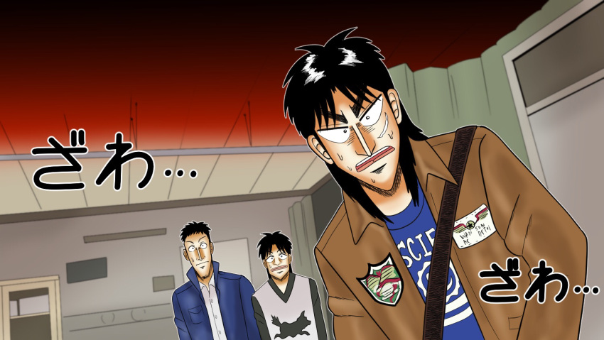 3boys, black_hair, blue_shirt, brown_jacket, chang_bowen, closed_mouth, commentary_request, facial_hair, fukumoto_nobuyuki_(style), goatee, grey_shirt, hospital, indoors, itou_kaiji, jacket, kaiji, long_hair, long_sleeves, looking_at_viewer, male_focus, mario_garcia, medium_bangs, meme, metal_gear_(series), metal_gear_solid_v:_the_phantom_pain, multiple_boys, nine_years_in_a_coma_(meme), official_style, open_mouth, parody, patch, pointy_nose, sanpaku, satou_(ultrmngrtsrt), scar, scar_on_cheek, scar_on_face, shirt, style_parody, teeth, upper_body, upper_teeth_only, white_shirt, zawa_(onomatopoeia)