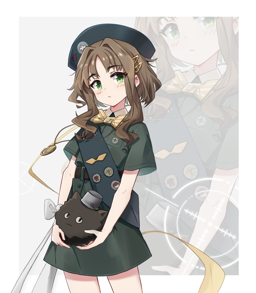 1girl, 1other, 606_haochuangshangren, animal, badge, bow, bowtie, brown_hair
