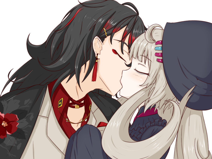 1boy, 1girl, closed_eyes, eyeshadow, french_kiss, ghost_girl, kimono_on_shoulders, kisaragi_1go