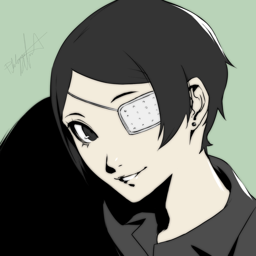 1other, bad_source, black_eyes, cropped_shoulders, earrings, eyepatch, head_tilt, highres