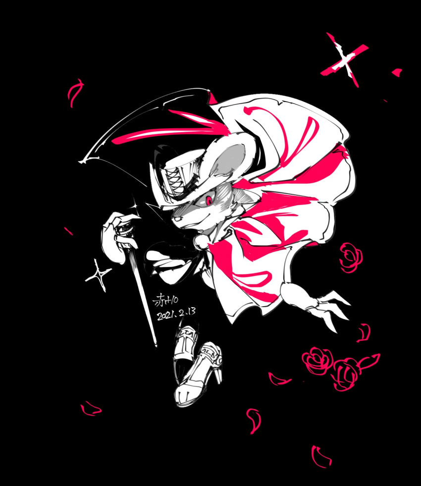 1boy, akakiao_tea, animal_ears, artist_name, ascot, black_background, cane, cape