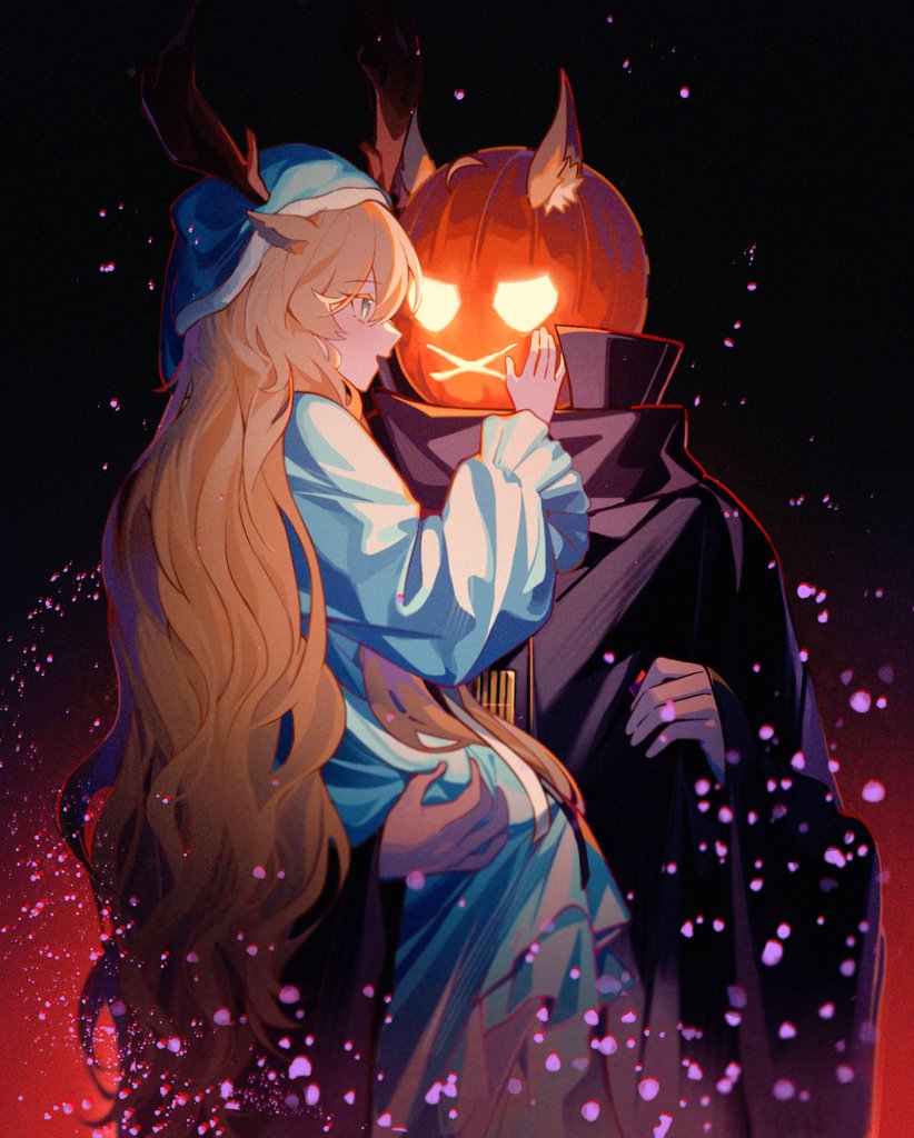 2girls, animal_ears, antlers, arknights, black_background, black_cloak, blonde_hair, blue_dress, blue_eyes, blue_headwear, carrying, carrying_person, cloak, deer_antlers, deer_ears, deer_girl, dress, ears_through_headwear, gradient_background, hair_between_eyes, long_hair, long_sleeves, multiple_girls, nearl_(arknights), pumpkin_on_head, quanx70909457, simple_background, very_long_hair, viviana_(arknights)