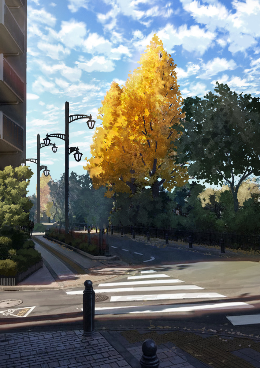 absurdres, autumn_leaves, blue_sky, building, city, clouds, day, highres