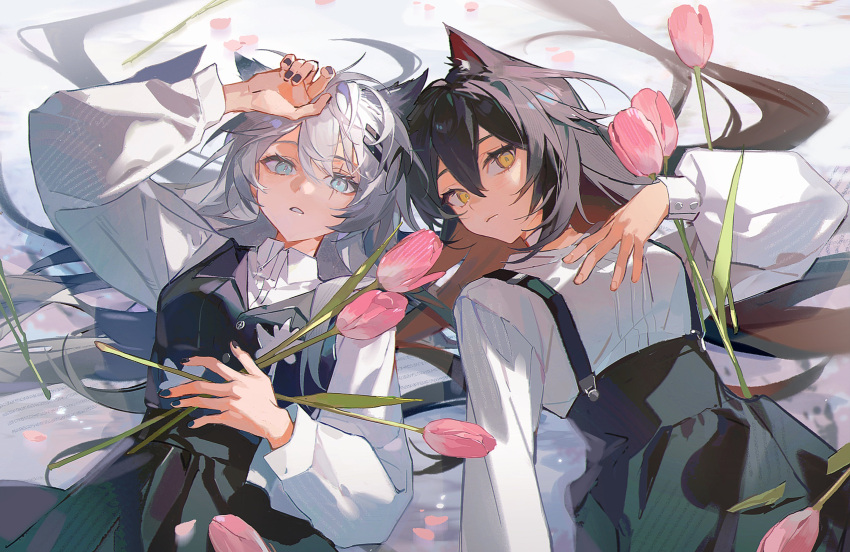 2girls, absurdres, alternate_costume, animal_ears, arknights, black_dress, black_hair, black_nails