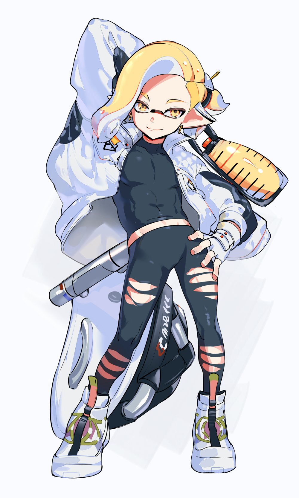 1boy, abs, black_pants, bloblobber_(splatoon), blonde_hair, buttons, commentary, earrings