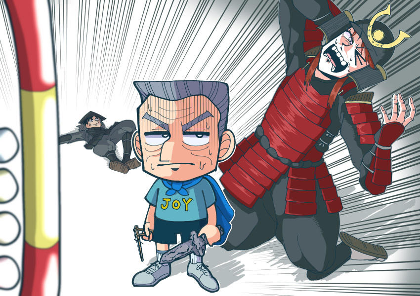 3boys, alternate_costume, armor, black_armor, black_eyes, black_shorts, blue_cape, blue_shirt