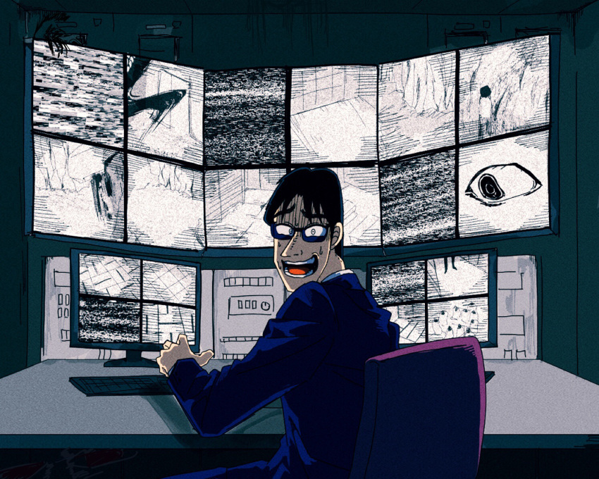 1-nichi_gaishutsuroku_hanchou, 1boy, black_hair, blue_jacket, chair, commentary_request, computer, gloom_(expression)