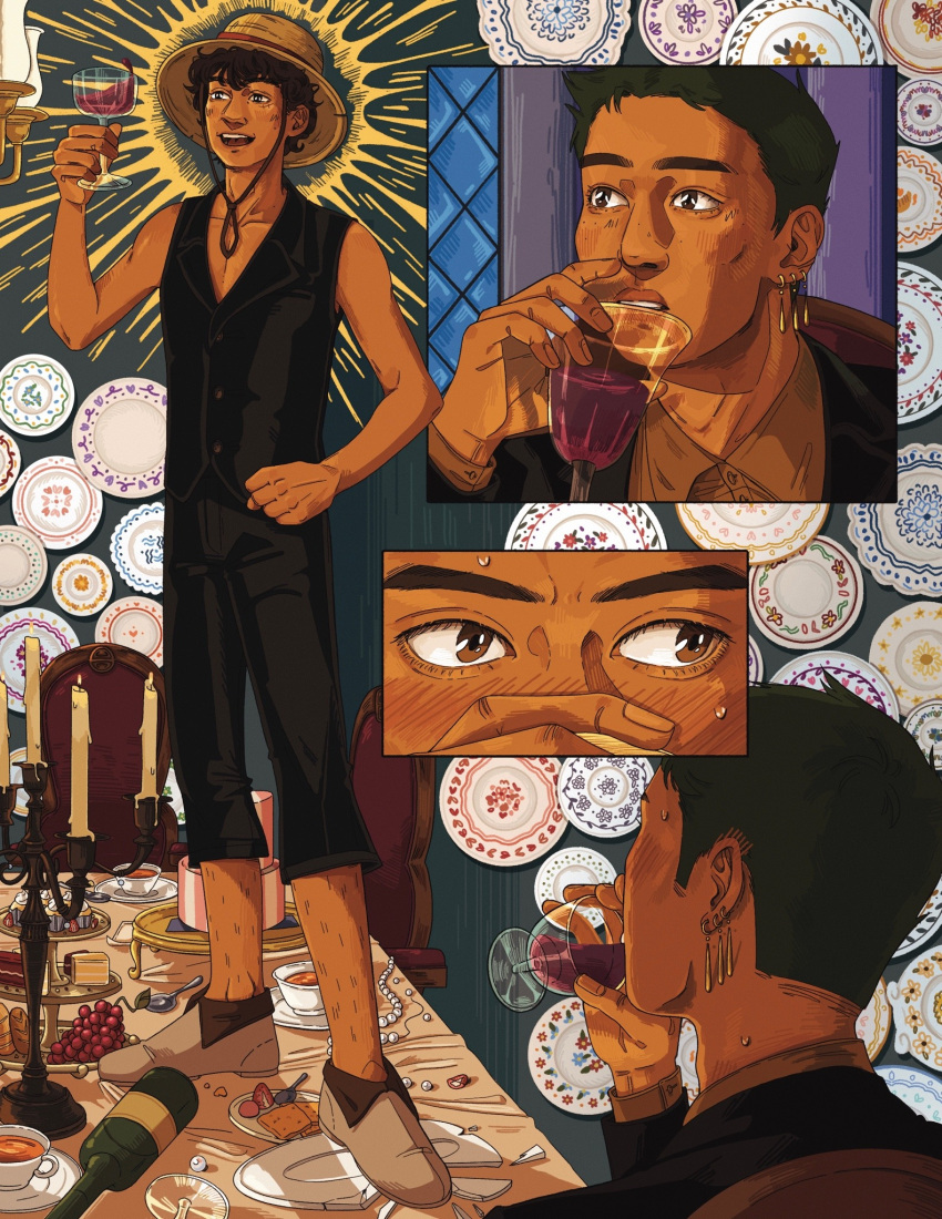 2boys, alcohol, black_hair, black_pants, black_suit, black_vest, blush, brown_eyes