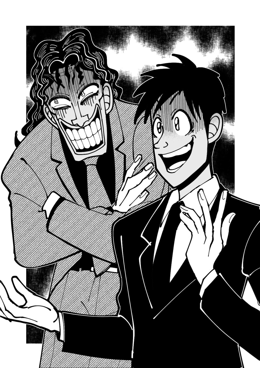 2boys, bags_under_eyes, belt, collared_shirt, commentary_request, crossed_arms, fingernails, fukumoto_nobuyuki_(style)