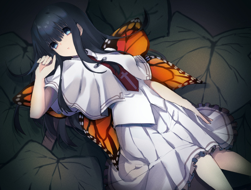 1girl, black_hair, blue_eyes, butterfly_wings, dress, frilled_dress, frills, highres