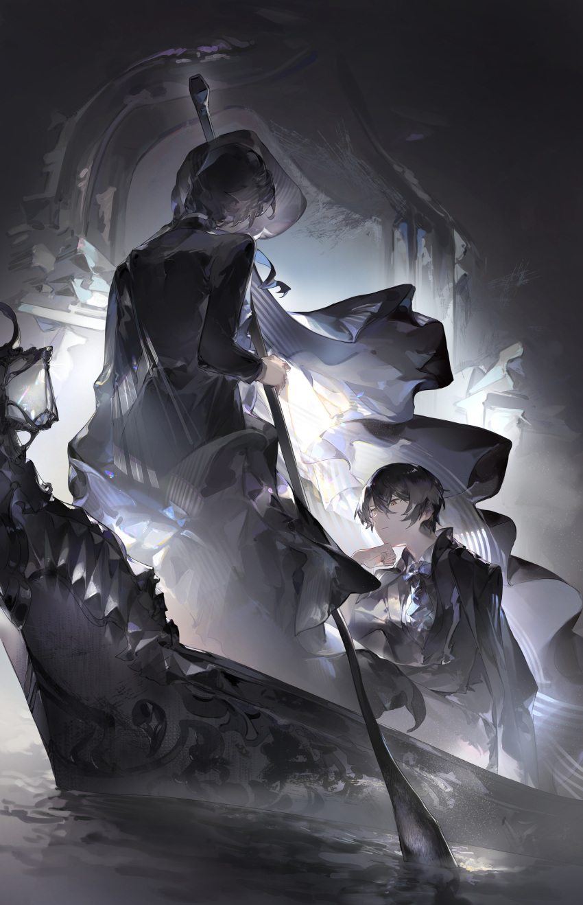 2boys, absurdres, amon_(lord_of_the_mysteries), black_cloak, black_hair, black_jacket, black_pants, black_robe