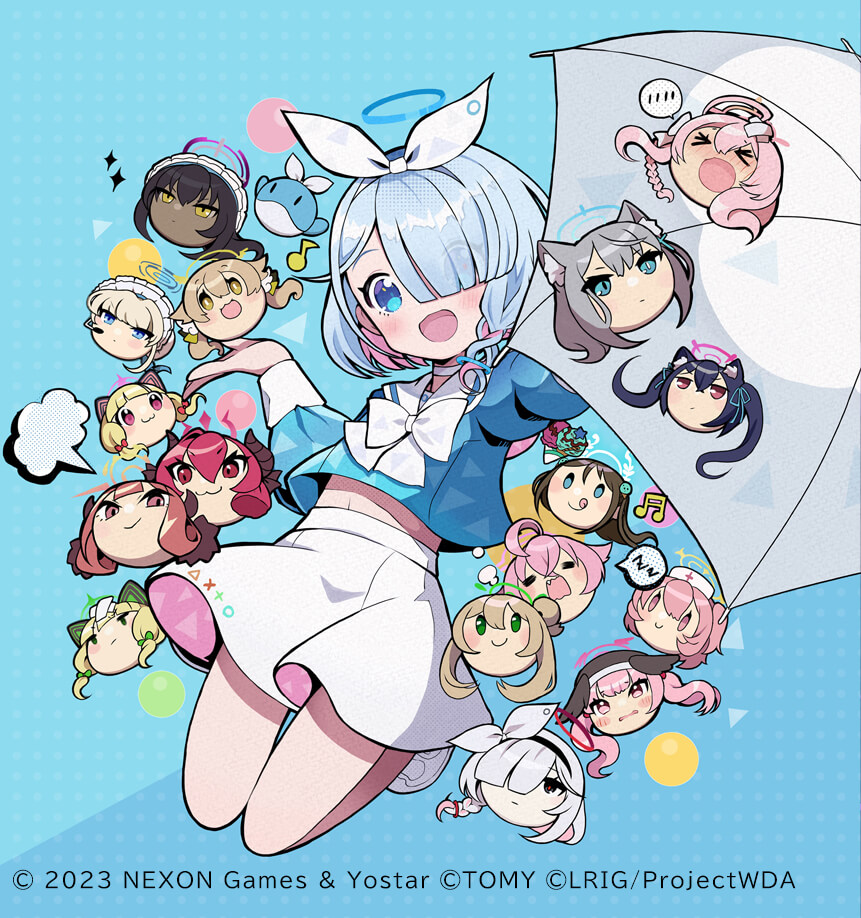 >_<, 6+girls, :3, =3, ahoge, airi_(blue_archive), animal_ear_fluff, animal_ear_headphones