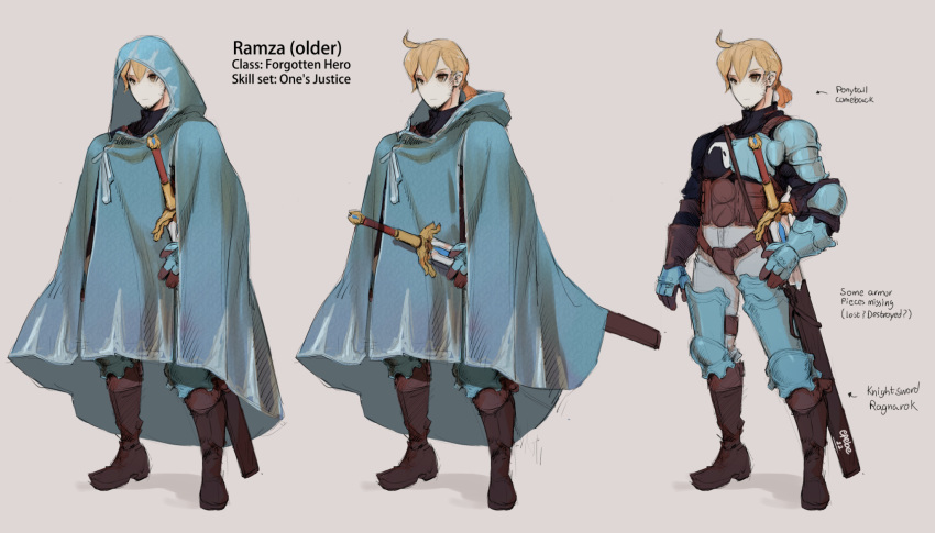 1boy, aged_up, alternate_costume, armor, blonde_hair, blue_cloak, boots, breastplate, brown_eyes, cloak, epebe, expressionless, facial_hair, final_fantasy, final_fantasy_tactics, full_body, gauntlets, goatee, highres, holding, hood, leg_armor, looking_to_the_side, male_focus, ponytail, ramza_beoulve, scabbard, sheath, shoulder_armor, solo, sword, weapon