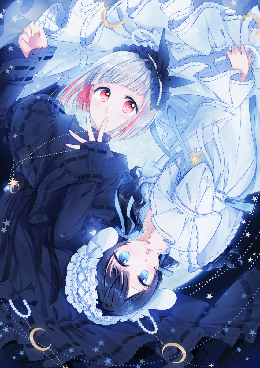 2girls, bead_necklace, beads, black_dress, black_headdress, black_ribbon, blue_eyes, blue_hair