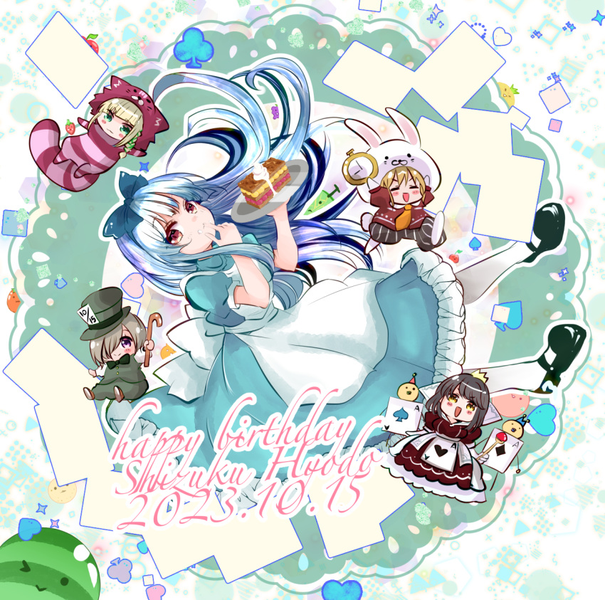 5girls, alternate_costume, apron, blue_bow, blue_dress, blue_hair, bow, cake