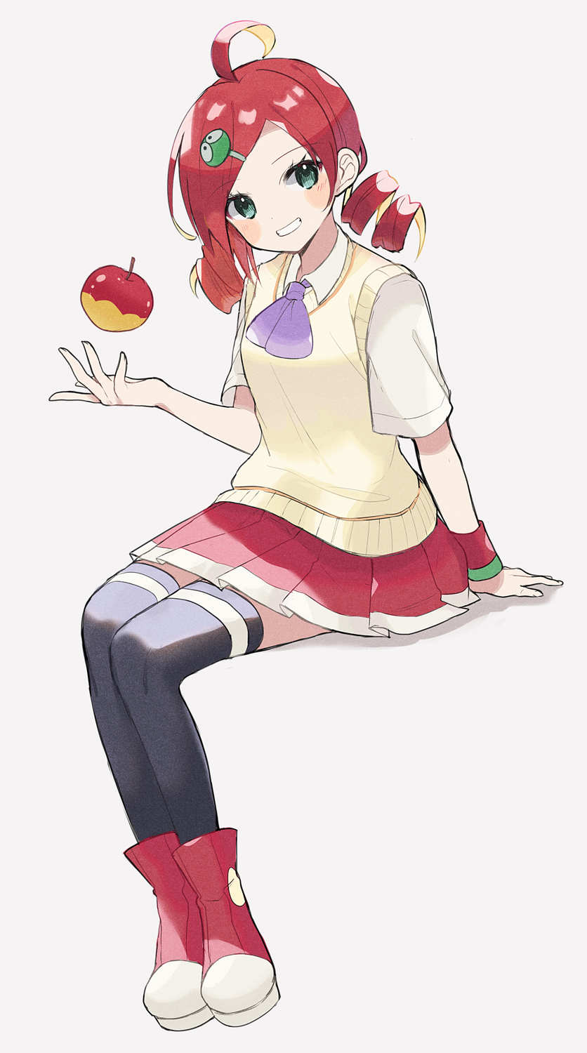 1girl, ahoge, andou_ringo, apple, ascot, black_thighhighs, blush_stickers, brown_sweater_vest, drill_hair, food, fruit, grey_background, grin, hair_ornament, hairclip, highres, invisible_chair, kashima_miyako, name_connection, object_namesake, pleated_skirt, purple_ascot, puyo_(puyopuyo), puyopuyo, puyopuyo_7, red_apple, red_footwear, red_skirt, red_wristband, redhead, school_uniform, shirt, short_sleeves, simple_background, sitting, skirt, smile, solo, sweater_vest, thigh-highs, tossing, twin_drills, twintails, white_shirt