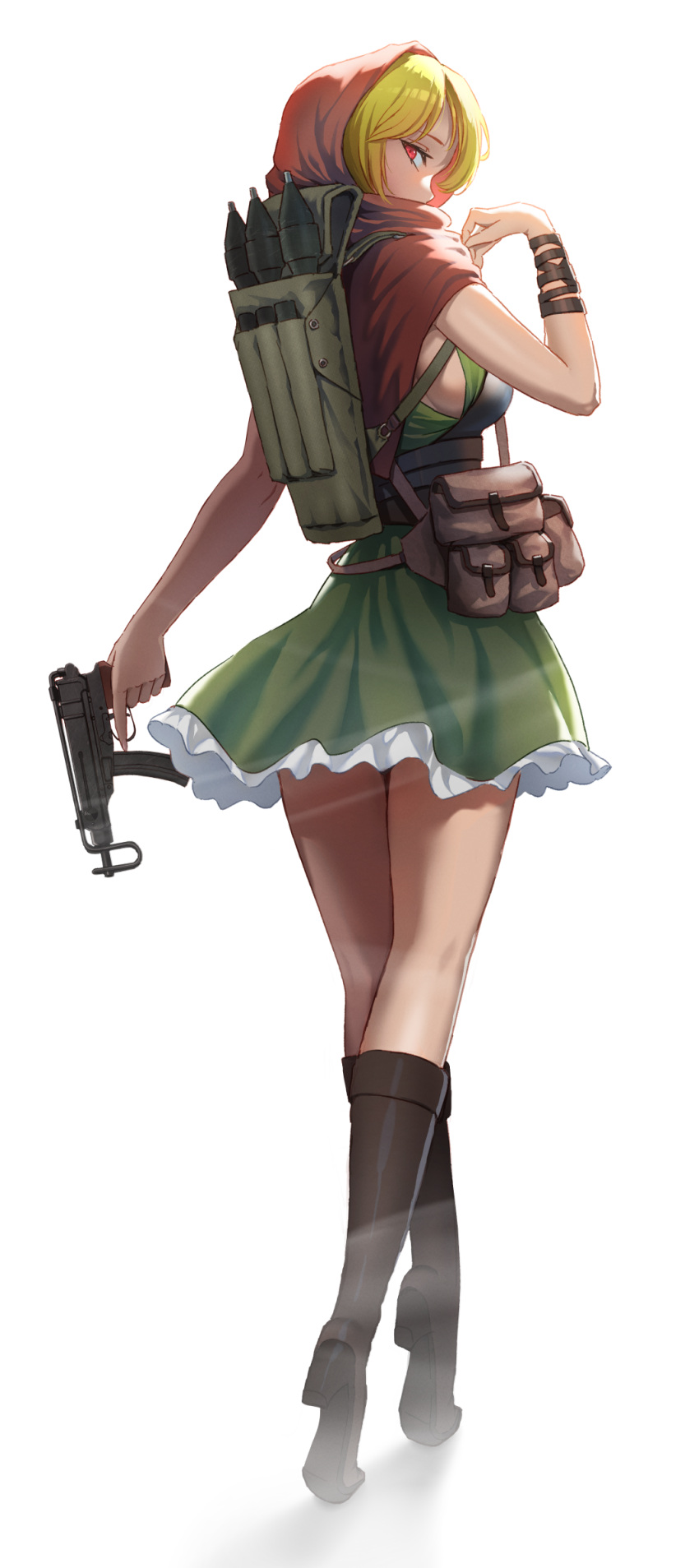 1girl, arm_wrap, backpack, bag, black_footwear, blonde_hair, boots, breasts, capelet, commentary, dress, frilled_dress, frills, from_behind, full_body, green_dress, gun, highres, holding, holding_gun, holding_weapon, hood, hood_up, hooded_capelet, imi_uzi, knee_boots, looking_at_viewer, looking_back, medium_breasts, original, pencil_pusher, pouch, red_capelet, red_eyes, rocket_launcher, rpg, short_dress, simple_background, solo, standing, submachine_gun, tiptoes, trigger_discipline, weapon, white_background