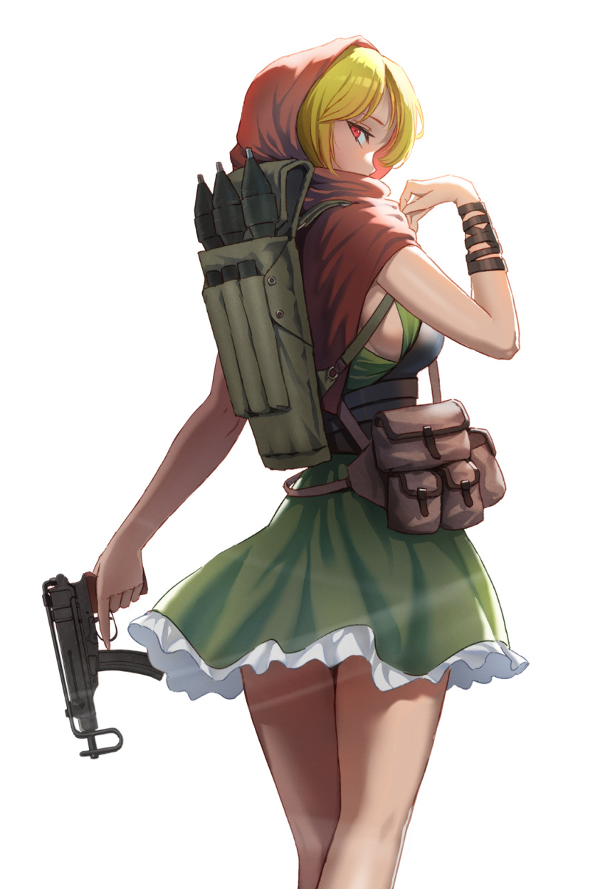 1girl, arm_wrap, backpack, bag, blonde_hair, breasts, capelet, commentary