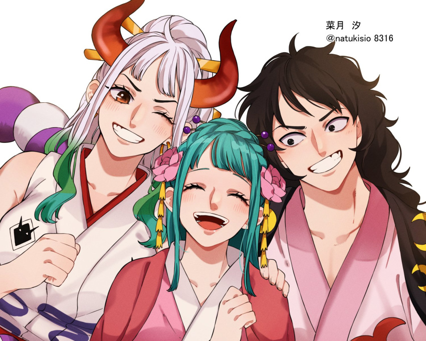 1boy, 2girls, aqua_hair, artist_name, black_eyes, black_hair, blush, clenched_hand, closed_eyes, commentary_request, earrings, flower, green_hair, hair_flower, hair_ornament, hair_stick, highres, hoop_earrings, horns, japanese_clothes, jewelry, kimono, kouzuki_hiyori, long_hair, momonosuke_(one_piece), multicolored_hair, multiple_girls, natsuki_shio, one_eye_closed, one_piece, oni, pink_flower, ponytail, rope, shimenawa, simple_background, teeth, white_background, white_hair, yamato_(one_piece)