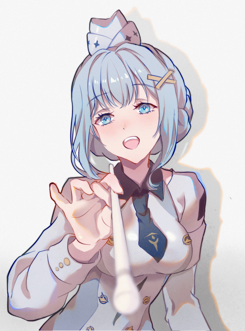 1girl, absurdres, black_necktie, blue_eyes, blush, braid, braided_bun, breasts, chinese_commentary, cloudyman, collared_dress, commentary, dress, garrison_cap, grey_background, grey_hair, hair_bun, hair_intakes, hair_ornament, hand_up, hat, highres, holding_cotton_swab, liv:_empyrea_(punishing:_gray_raven), liv_(punishing:_gray_raven), long_sleeves, looking_at_viewer, medium_breasts, necktie, open_mouth, punishing:_gray_raven, shadow, short_hair, short_necktie, simple_background, solo, uniform, upper_body, white_dress, white_headwear, x_hair_ornament
