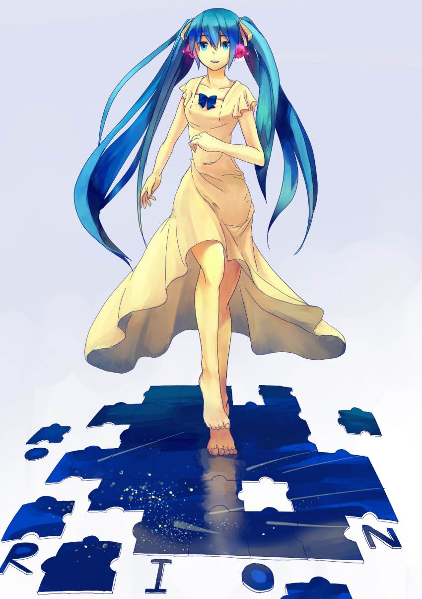 aqua_eyes, aqua_hair, barefoot, bow, dress, greenheart, hatsune_miku, headphones
