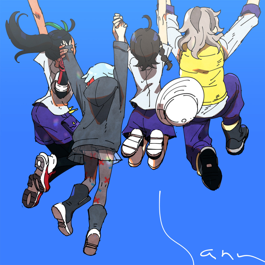 1boy, 3girls, arven_(pokemon), black_hair, blue_hair, braid, brown_hair, dark-skinned_female