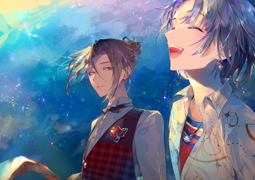 2boys, black_bow, black_hair, bow, closed_eyes, collared_shirt, earrings, fang