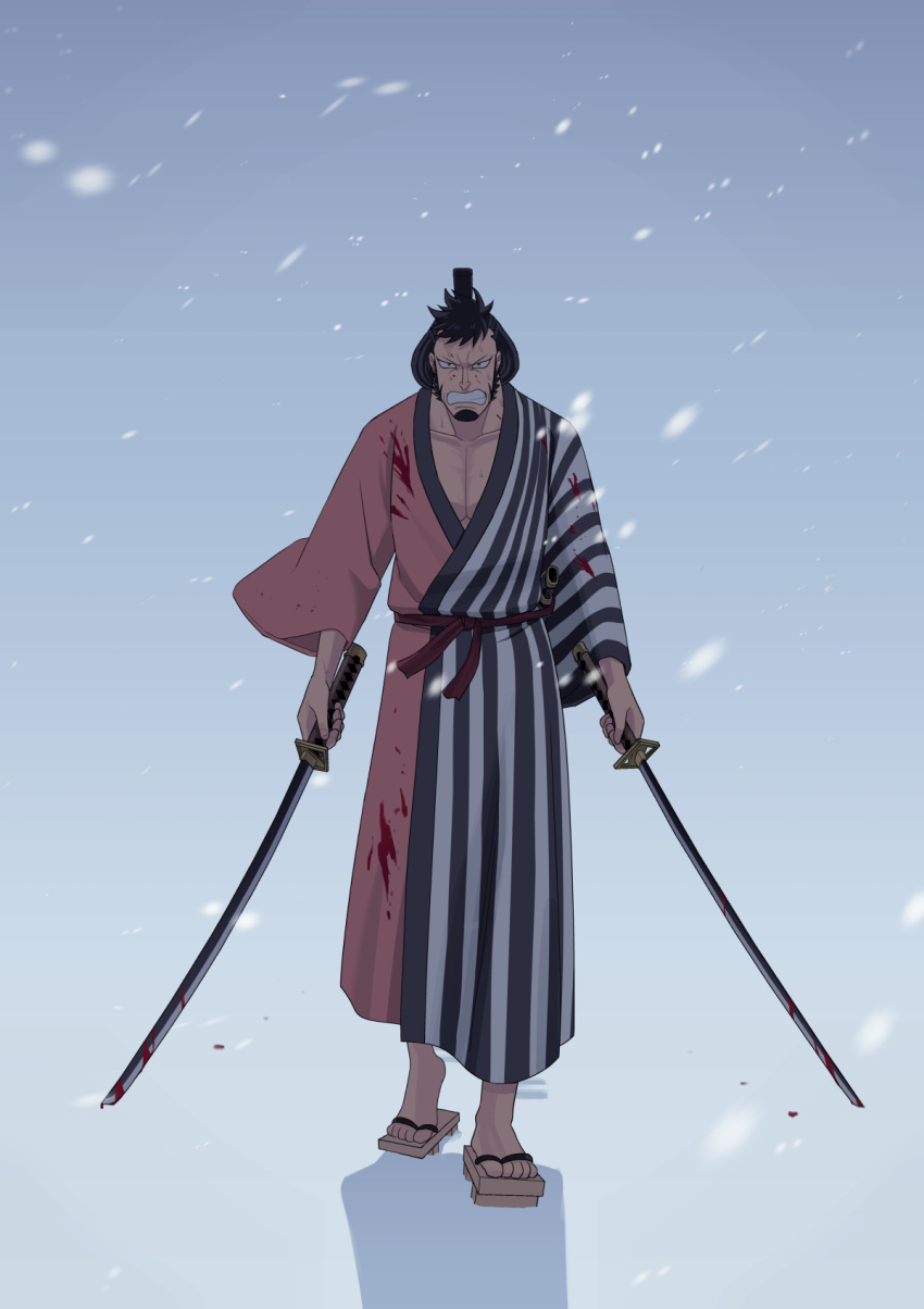 1boy, black_hair, blood, blood_on_clothes, commentary_request, dual_wielding, facial_hair, full_body