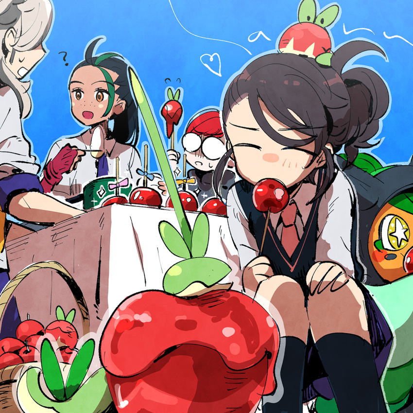 1boy, 3girls, apple, applin, arven_(pokemon), black_hair, black_vest, blue_hair