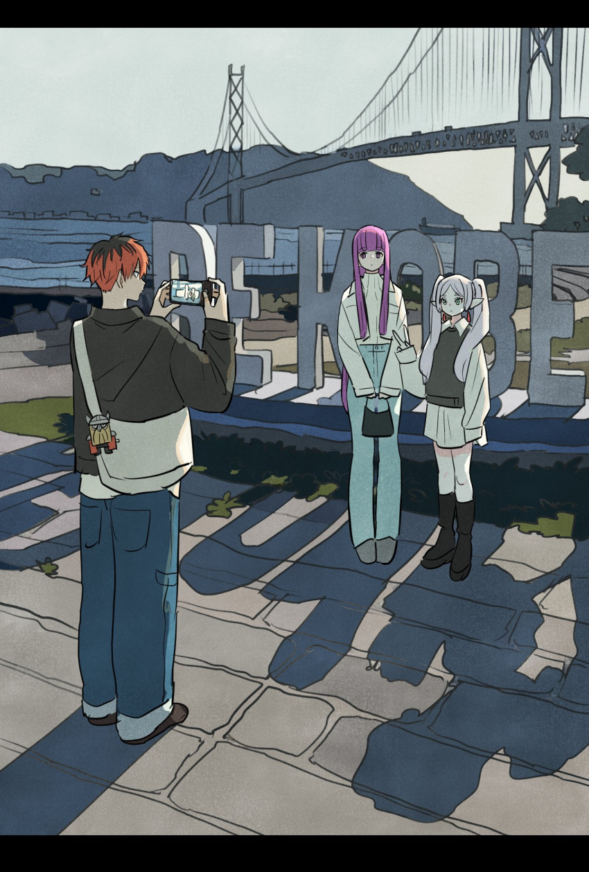 1boy, 2girls, alternate_costume, bag, black_bag, black_border, black_footwear, black_hair
